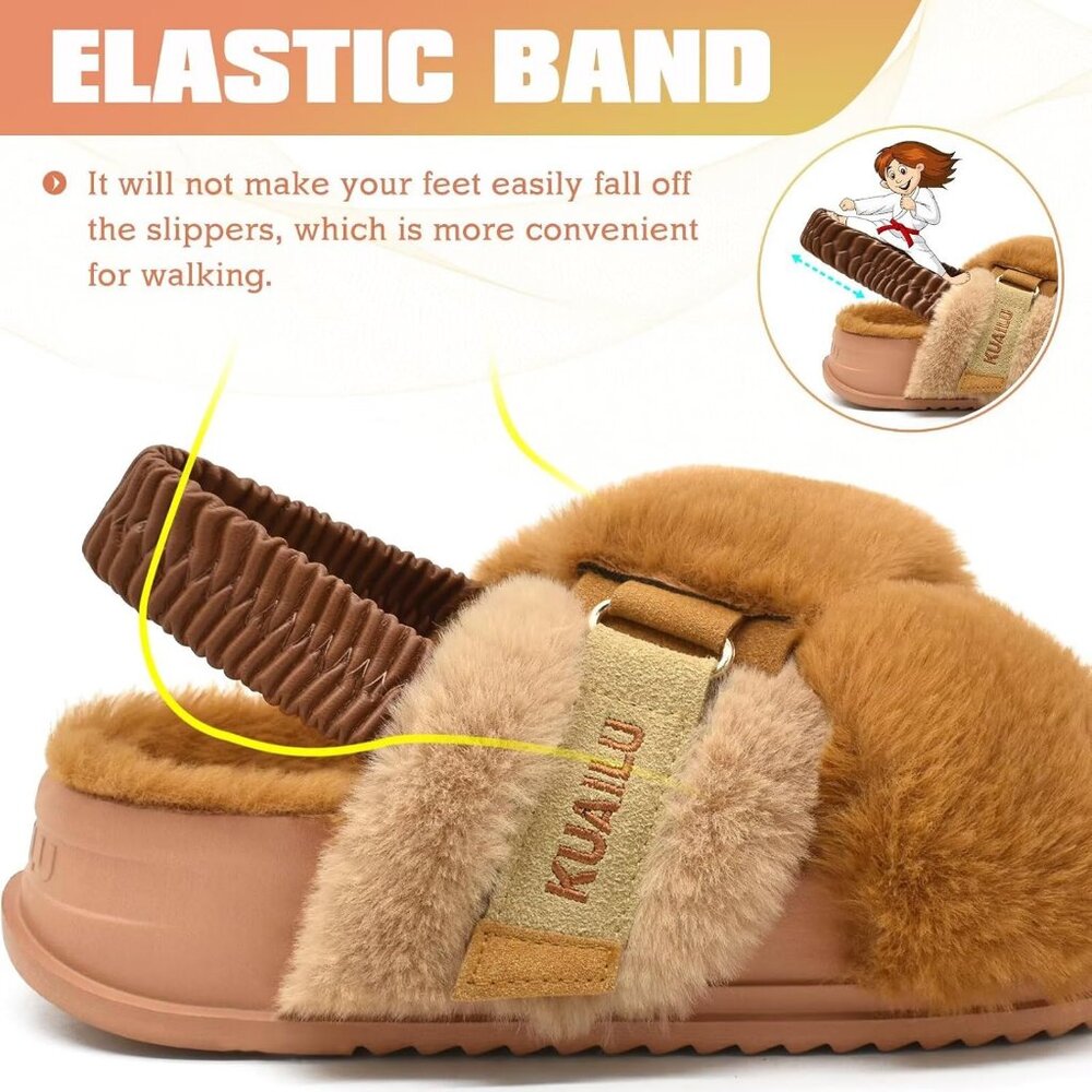 Women's Brown Fleece Fuzzy Fur Criss Cross Open Band Cozy Slippers Shoes - Picture 5 of 9